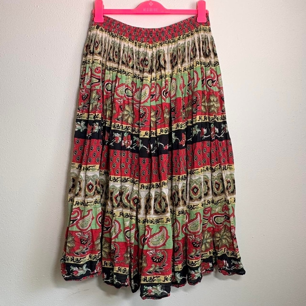 Vintage Y2K Amanda Smith Crinkle Cotton Pleated Boho Hippie Maxi Skirt Size M